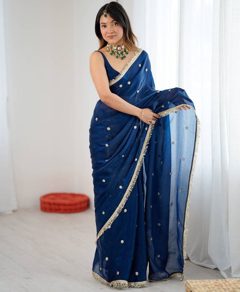 blue fendy satin fabric trending sequins embroidered saree