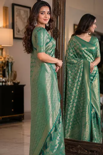 Teal green soft silk blend banarasi jacuard work festive saree with unstitched blouse piece