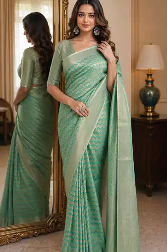 Rama soft silk blend banarasi jacuard work festive saree with unstitched blouse piece