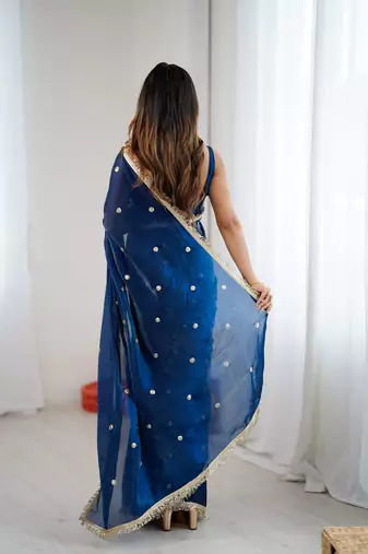 blue fendy satin fabric trending sequins embroidered saree