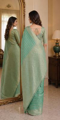 Rama soft silk blend banarasi jacuard work festive saree with unstitched blouse piece 3