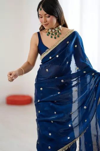 blue fendy satin fabric trending sequins embroidered saree