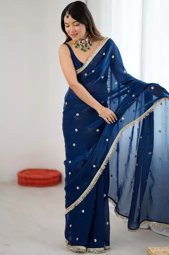 blue fendy satin fabric trending sequins embroidered saree