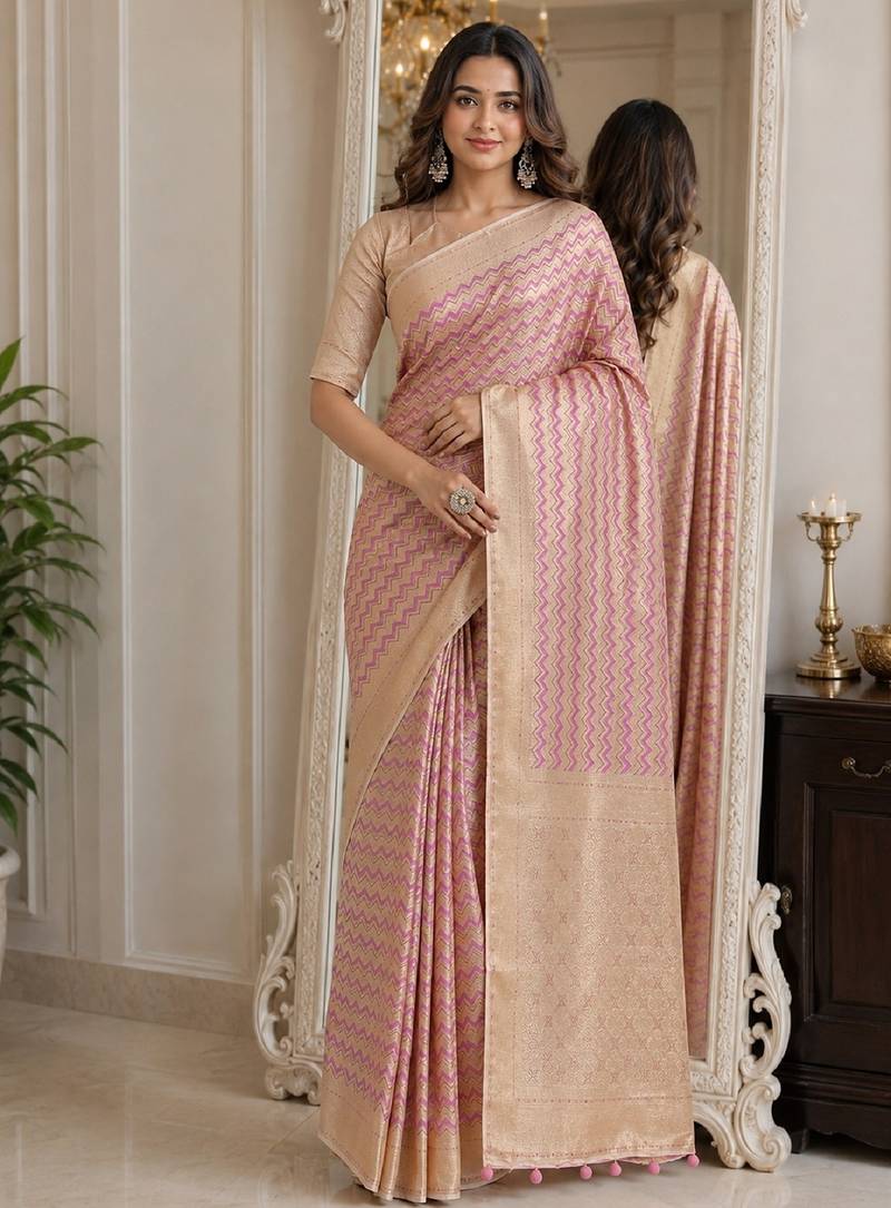 Lavender soft silk blend banarasi jacuard work festive saree with unstitched blouse piece