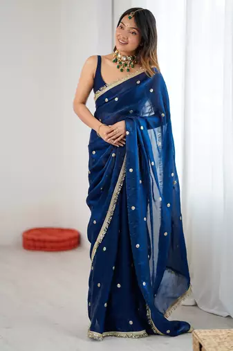 blue fendy satin fabric trending sequins embroidered saree