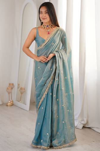 sky blue fendy satin fabric trending sequins embroidered saree