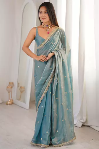 sky blue fendy satin fabric trending sequins embroidered saree
