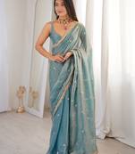 sky blue fendy satin fabric trending sequins embroidered saree