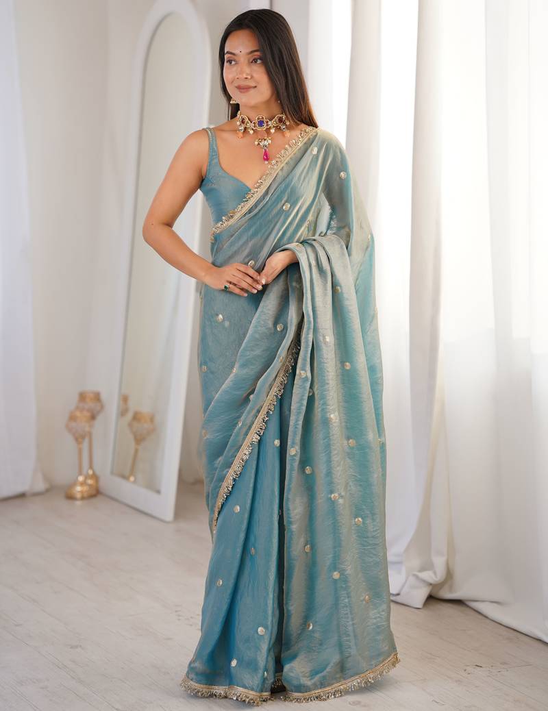sky blue fendy satin fabric trending sequins embroidered saree