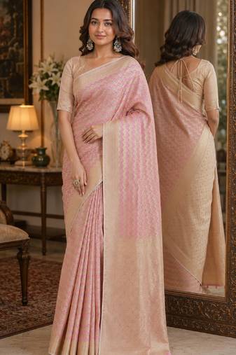 Pink soft silk blend banarasi jacuard work festive saree with unstitched blouse piece