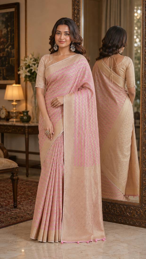 Pink soft silk blend banarasi jacuard work festive saree with unstitched blouse piece