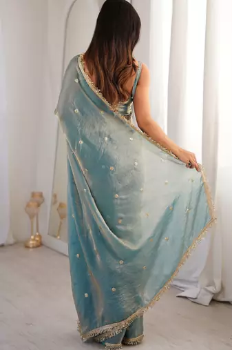 sky blue fendy satin fabric trending sequins embroidered saree