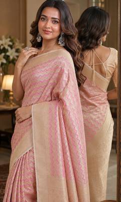 Pink soft silk blend banarasi jacuard work festive saree with unstitched blouse piece 2