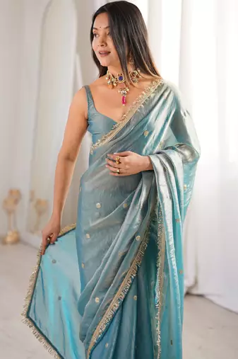 sky blue fendy satin fabric trending sequins embroidered saree