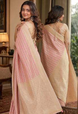 Pink soft silk blend banarasi jacuard work festive saree with unstitched blouse piece 3