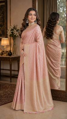 Pink soft silk blend banarasi jacuard work festive saree with unstitched blouse piece 4