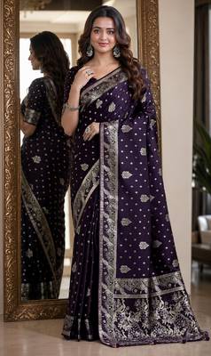 Plum soft silk blend banarasi jacuard work festive saree with unstitched blouse piece 1