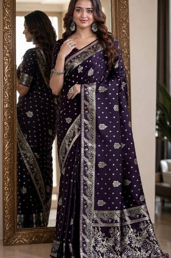 Plum soft silk blend banarasi jacuard work festive saree with unstitched blouse piece
