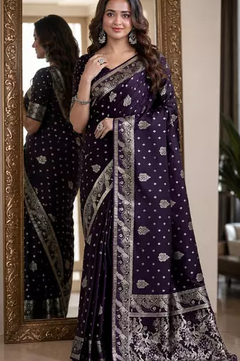 Plum soft silk blend banarasi jacuard work festive saree with unstitched blouse piece