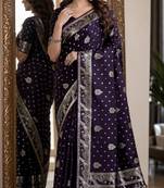 Plum soft silk blend banarasi jacuard work festive saree with unstitched blouse piece