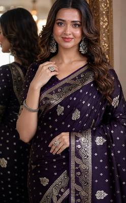 Plum soft silk blend banarasi jacuard work festive saree with unstitched blouse piece 2