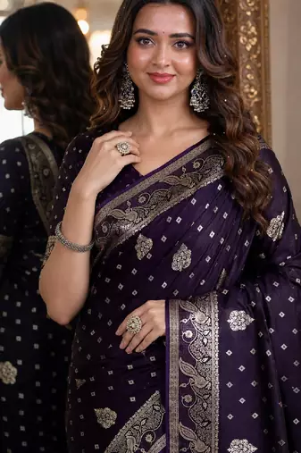 Plum soft silk blend banarasi jacuard work festive saree with unstitched blouse piece