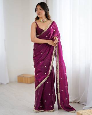wine fendy satin fabric trending sequins embroidered saree 1