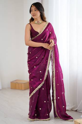 wine fendy satin fabric trending sequins embroidered saree