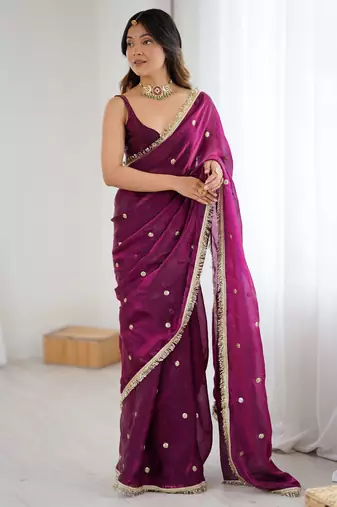 wine fendy satin fabric trending sequins embroidered saree