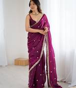 wine fendy satin fabric trending sequins embroidered saree