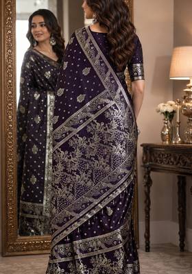 Plum soft silk blend banarasi jacuard work festive saree with unstitched blouse piece 3