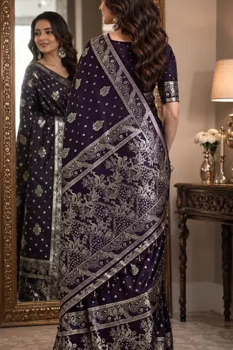 Plum soft silk blend banarasi jacuard work festive saree with unstitched blouse piece