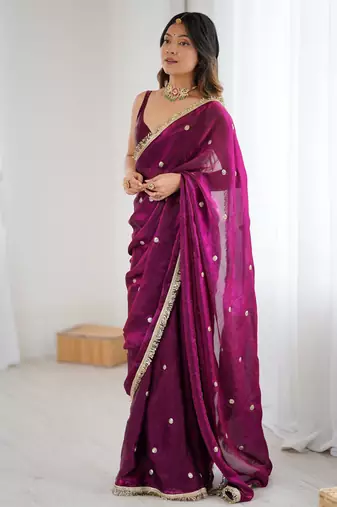 wine fendy satin fabric trending sequins embroidered saree