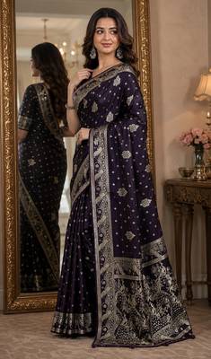 Plum soft silk blend banarasi jacuard work festive saree with unstitched blouse piece 4
