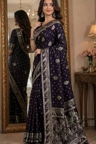 Plum soft silk blend banarasi jacuard work festive saree with unstitched blouse piece