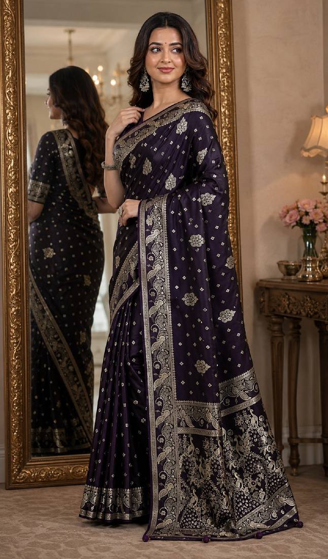 Plum soft silk blend banarasi jacuard work festive saree with unstitched blouse piece