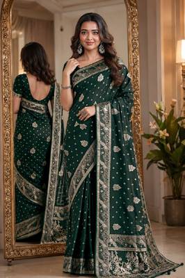 Green soft silk blend banarasi jacuard work festive saree with unstitched blouse piece 1