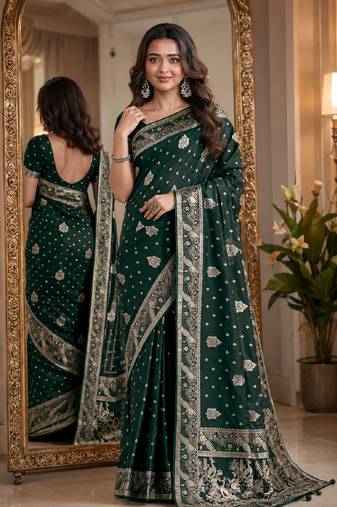 Green soft silk blend banarasi jacuard work festive saree with unstitched blouse piece
