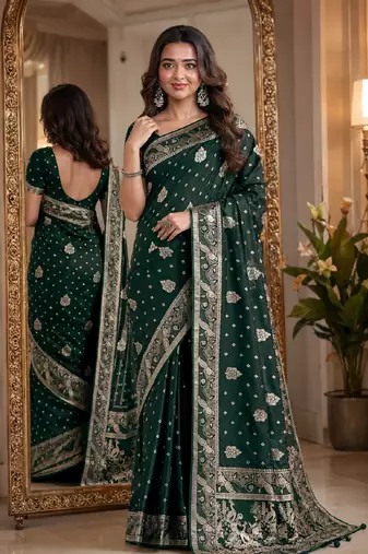 Green soft silk blend banarasi jacuard work festive saree with unstitched blouse piece