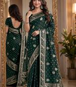 Green soft silk blend banarasi jacuard work festive saree with unstitched blouse piece