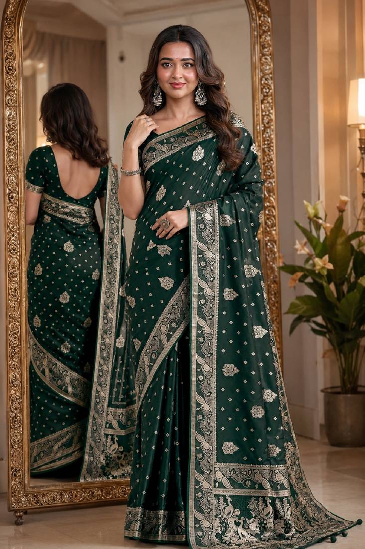 Green soft silk blend banarasi jacuard work festive saree with unstitched blouse piece