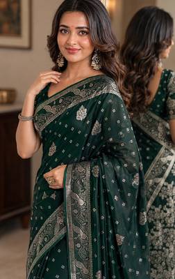 Green soft silk blend banarasi jacuard work festive saree with unstitched blouse piece 2