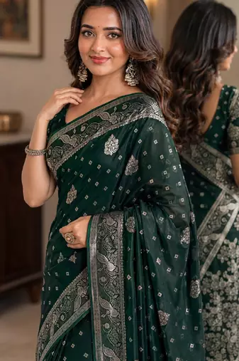 Green soft silk blend banarasi jacuard work festive saree with unstitched blouse piece