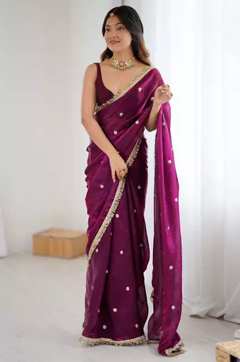 wine fendy satin fabric trending sequins embroidered saree