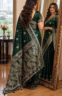 Green soft silk blend banarasi jacuard work festive saree with unstitched blouse piece 3