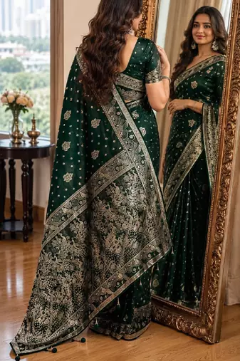 Green soft silk blend banarasi jacuard work festive saree with unstitched blouse piece