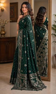 Green soft silk blend banarasi jacuard work festive saree with unstitched blouse piece 4