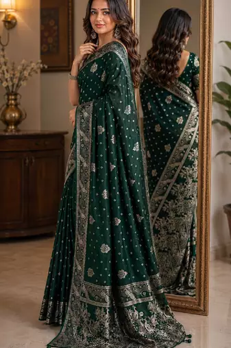 Green soft silk blend banarasi jacuard work festive saree with unstitched blouse piece