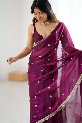 wine fendy satin fabric trending sequins embroidered saree