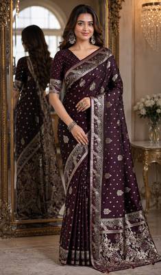 Wine soft silk blend banarasi jacuard work festive saree with unstitched blouse piece 1